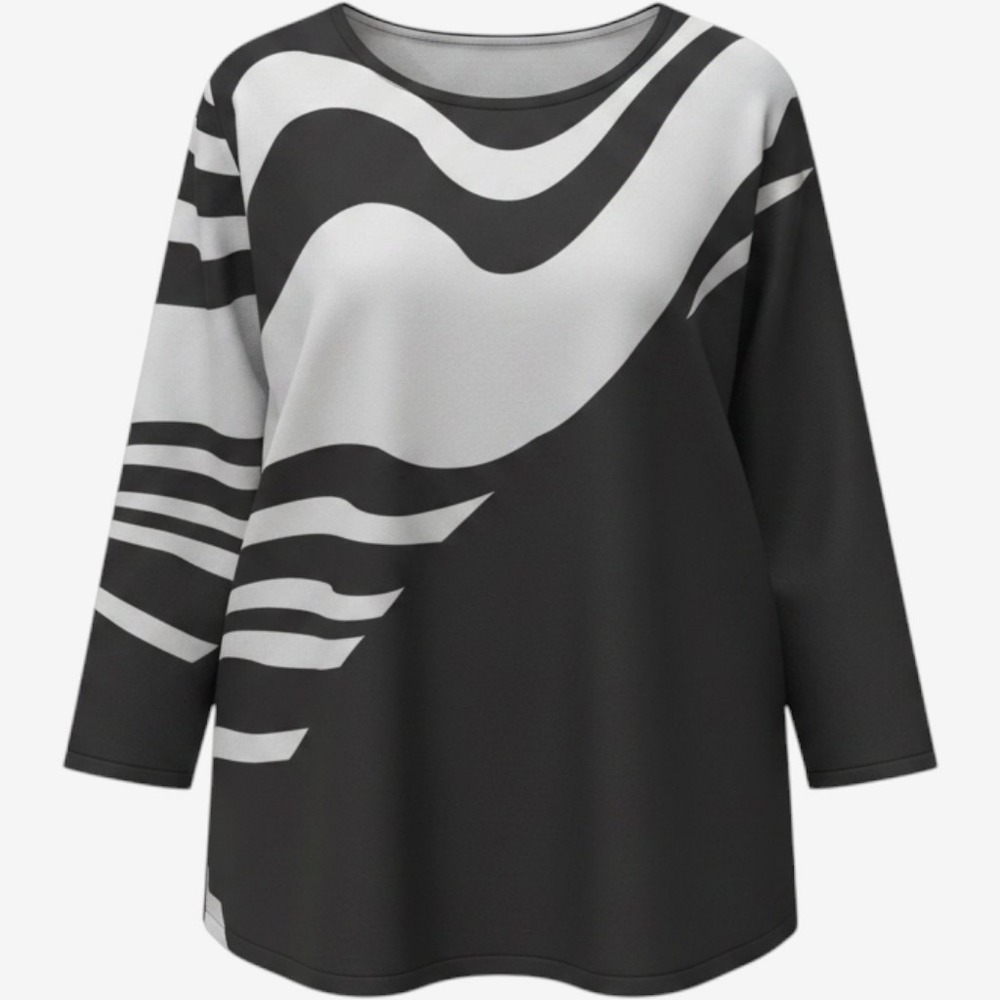 Womens Abstract Wave Print Long Sleeve Tunic Top Black Gray 5XL NWOT
